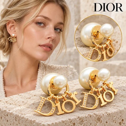 Dior Modern Gold-Tone Pearl-Look and Letter Motif Stud Earrings - detail-focused product view