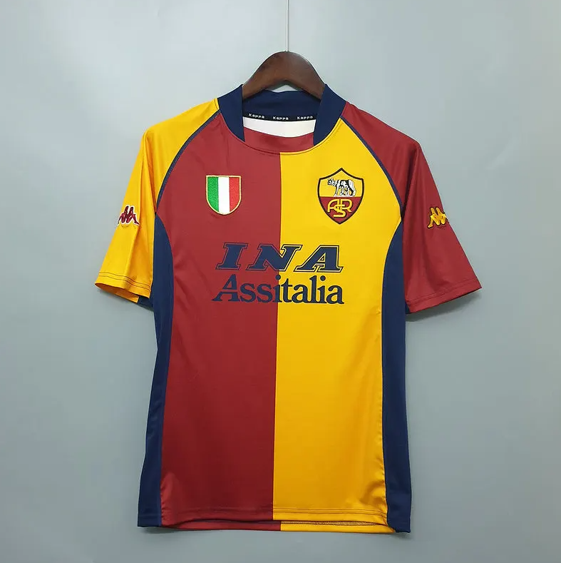 AS Roma 2000-01 Home Jersey – Red & Gold Kappa INA Assitalia Retro Serie A Scudetto Football Shirt | Totti Batistuta Cafu Nakata