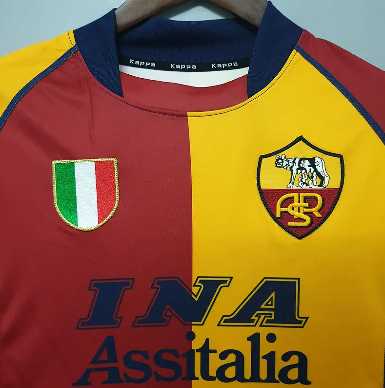 AS Roma 2000-01 Home Jersey – Red & Gold Kappa INA Assitalia Retro Serie A Scudetto Football Shirt | Totti Batistuta Cafu Nakata