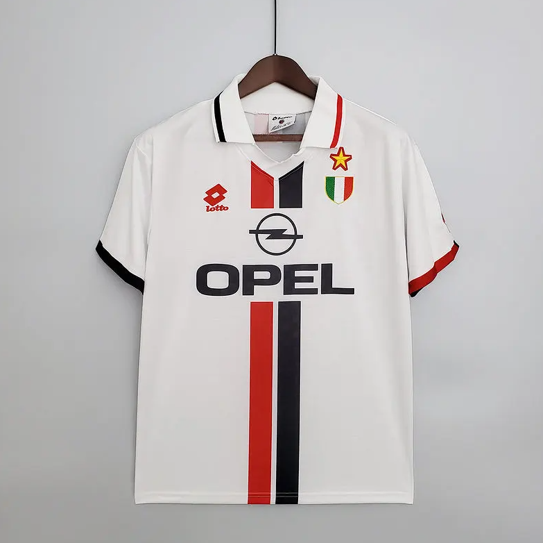 AC Milan 1995-97 Away Retro Jersey – Lotto White Red Black Vertical Stripe Opel Polo Collar One Gold Star Maldini Weah Roberto Baggio Desailly Edgar Davids Serie A Fan Version Football Shirt