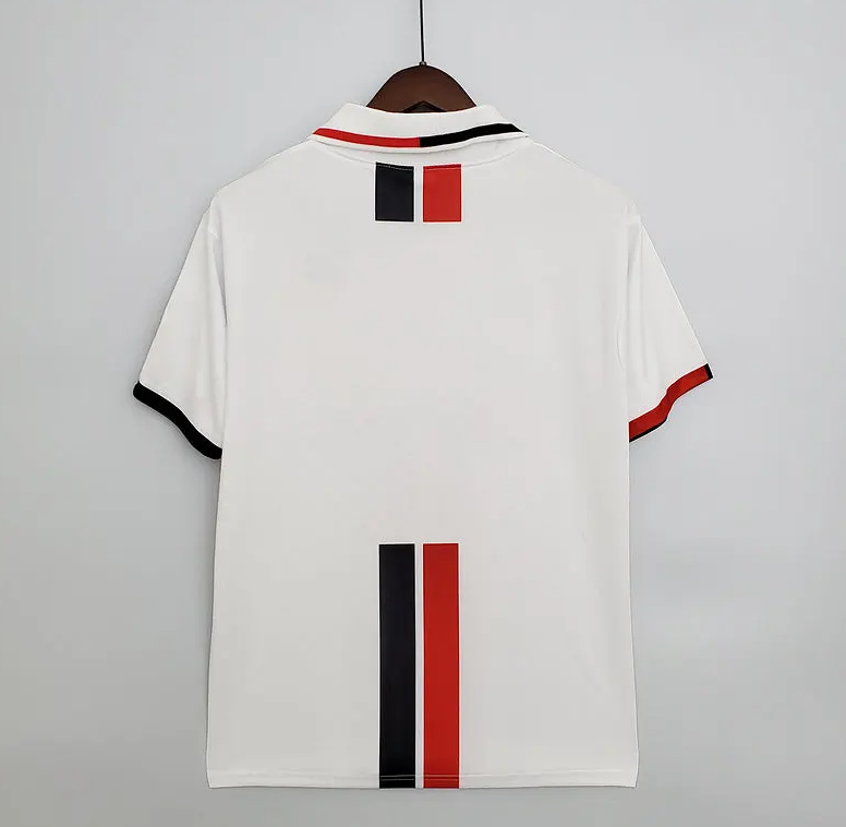 AC Milan 1995-97 Away Retro Jersey – Lotto White Red Black Vertical Stripe Opel Polo Collar One Gold Star Maldini Weah Roberto Baggio Desailly Edgar Davids Serie A Fan Version Football Shirt