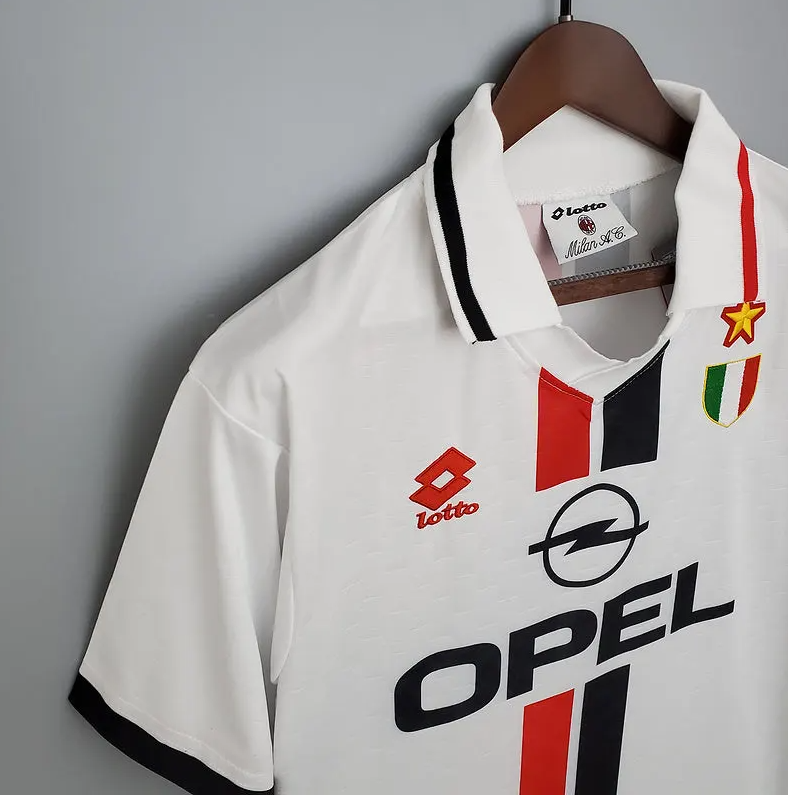 AC Milan 1995-97 Away Retro Jersey – Lotto White Red Black Vertical Stripe Opel Polo Collar One Gold Star Maldini Weah Roberto Baggio Desailly Edgar Davids Serie A Fan Version Football Shirt