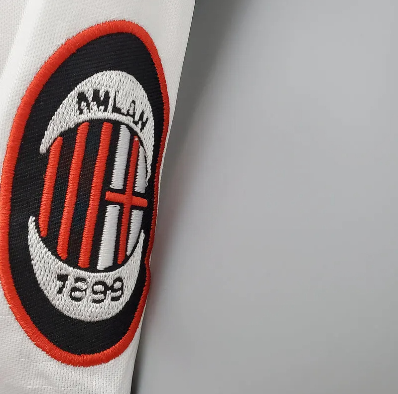 AC Milan 1995-97 Away Retro Jersey – Lotto White Red Black Vertical Stripe Opel Polo Collar One Gold Star Maldini Weah Roberto Baggio Desailly Edgar Davids Serie A Fan Version Football Shirt