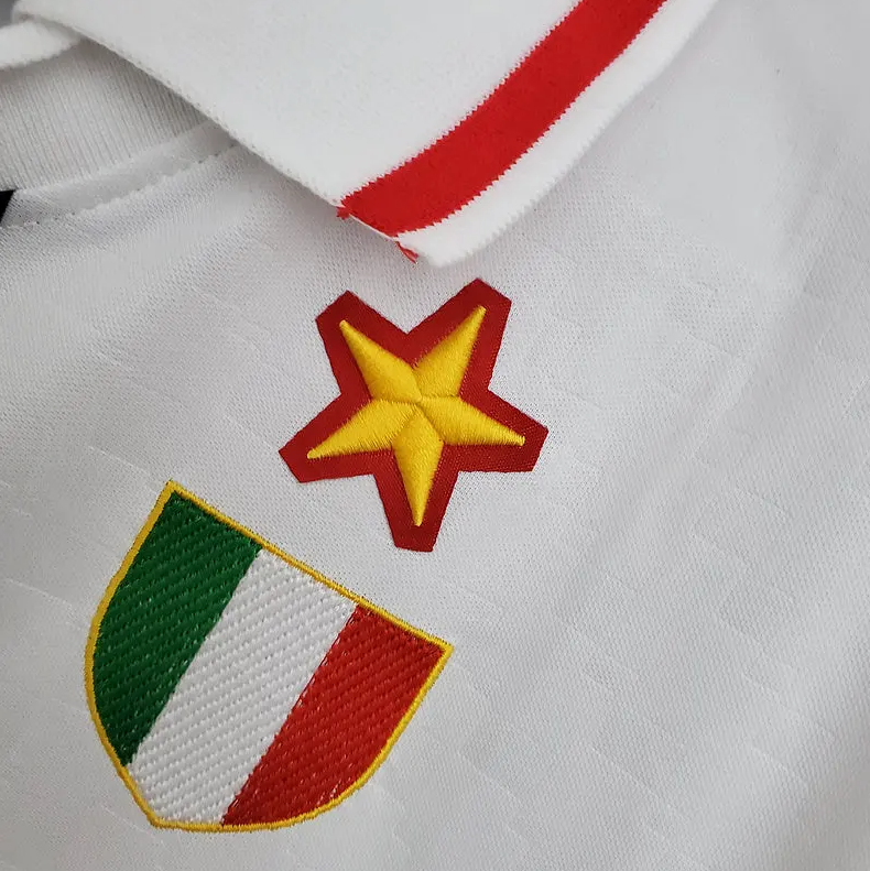 AC Milan 1995-97 Away Retro Jersey – Lotto White Red Black Vertical Stripe Opel Polo Collar One Gold Star Maldini Weah Roberto Baggio Desailly Edgar Davids Serie A Fan Version Football Shirt