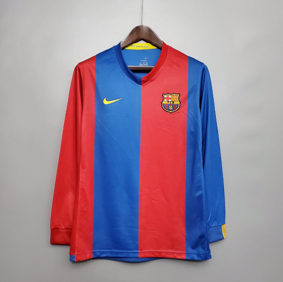 FC Barcelona 2006-07 Home Long Sleeve Retro Jersey – Nike Blue Red Vertical Stripe V-Neck No Sponsor Ronaldinho Messi Eto'o Xavi Iniesta Puyol La Liga Winner Fan Version Football Shirt