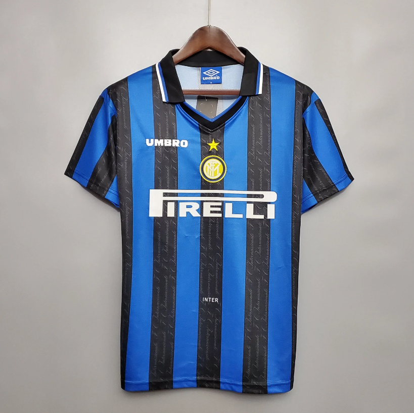 Inter Milan 1997-98 Home Retro Jersey – Umbro Blue Black Stripes Pirelli Ronaldo Zanetti Serie A Football Shirt