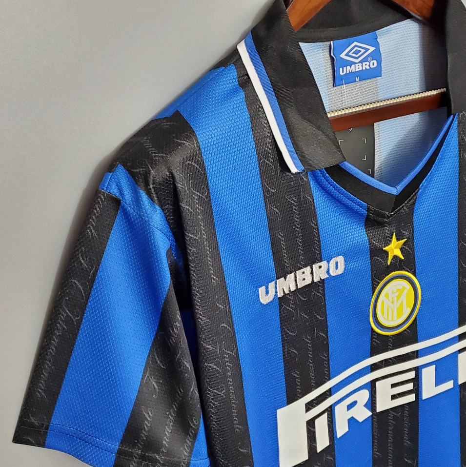 Inter Milan 1997-98 Home Retro Jersey – Umbro Blue Black Stripes Pirelli Ronaldo Zanetti Serie A Football Shirt