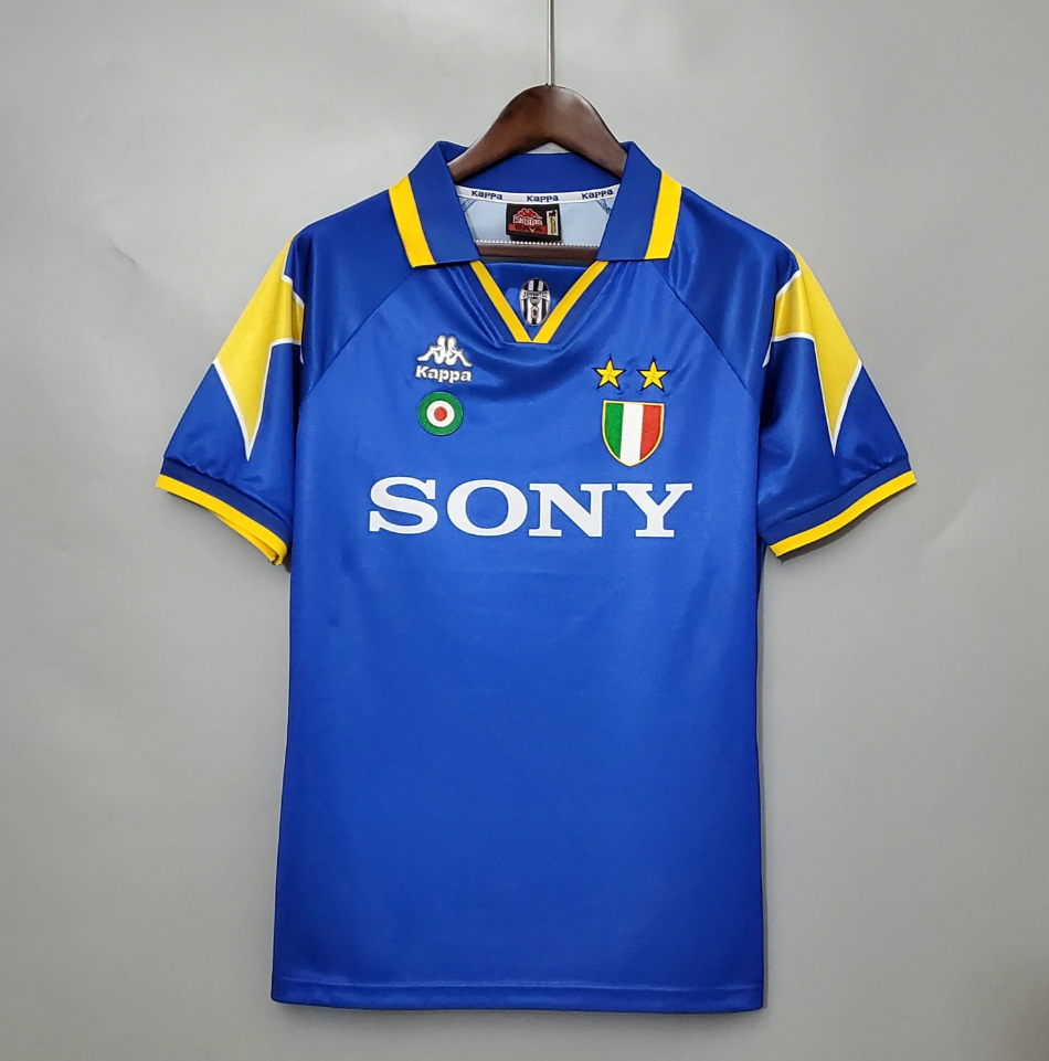 Juventus 1996-97 Away Retro Jersey – Kappa Royal Blue Yellow V-Neck Geometric Panel Sony Two Gold Stars Del Piero Zidane Conte Deschamps Serie A Champions League Fan Version Football Shirt