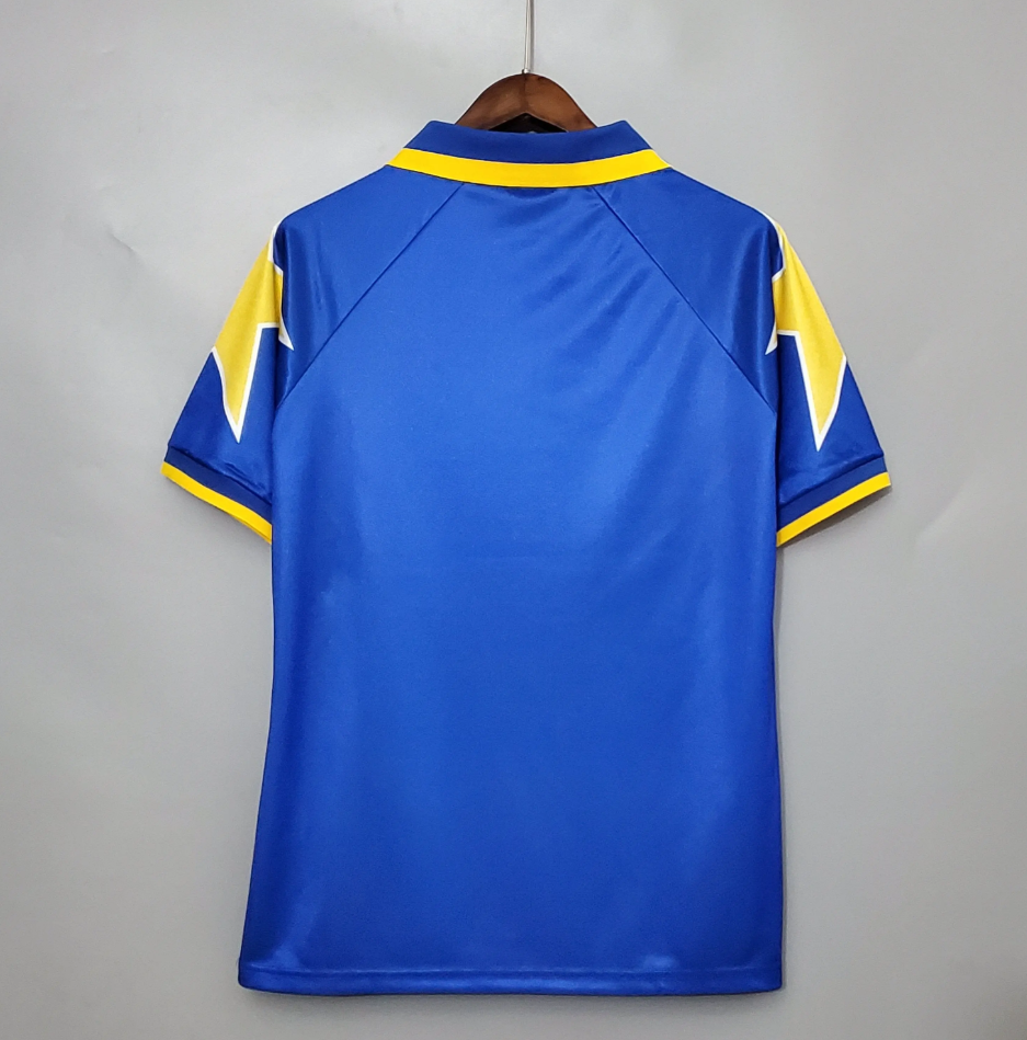 Juventus 1996-97 Away Retro Jersey – Kappa Royal Blue Yellow V-Neck Geometric Panel Sony Two Gold Stars Del Piero Zidane Conte Deschamps Serie A Champions League Fan Version Football Shirt