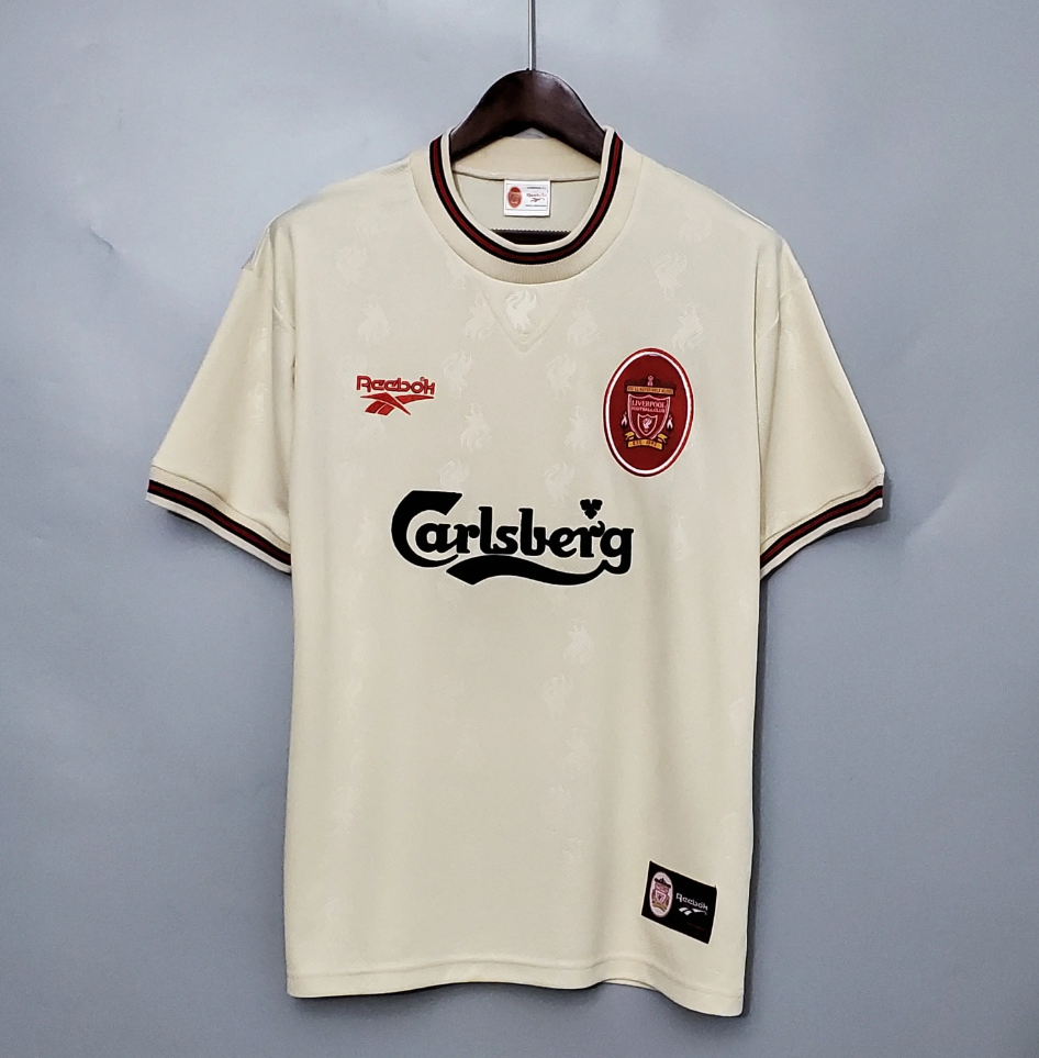 Liverpool 1996-97 Away Retro Jersey – Reebok Cream White Carlsberg Kit | Fowler Owen McManaman Collymore Era