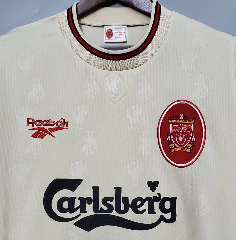 Liverpool 1996-97 Away Retro Jersey – Reebok Cream White Carlsberg Kit | Fowler Owen McManaman Collymore Era