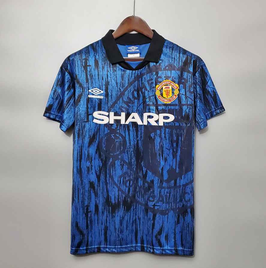 Manchester United 1992-93 Away Retro Jersey – Umbro Blue Black Abstract Sharp Cantona First Premier League Champion Fan Version Football Shirt