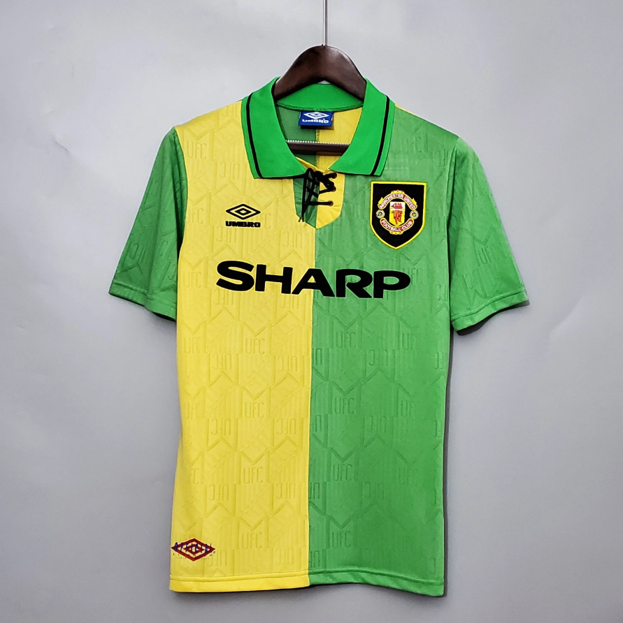 Manchester United 1993-94 Third Retro Jersey – Umbro Green Yellow Split Sharp Kit | Cantona Giggs Keane Scholes Beckham Era