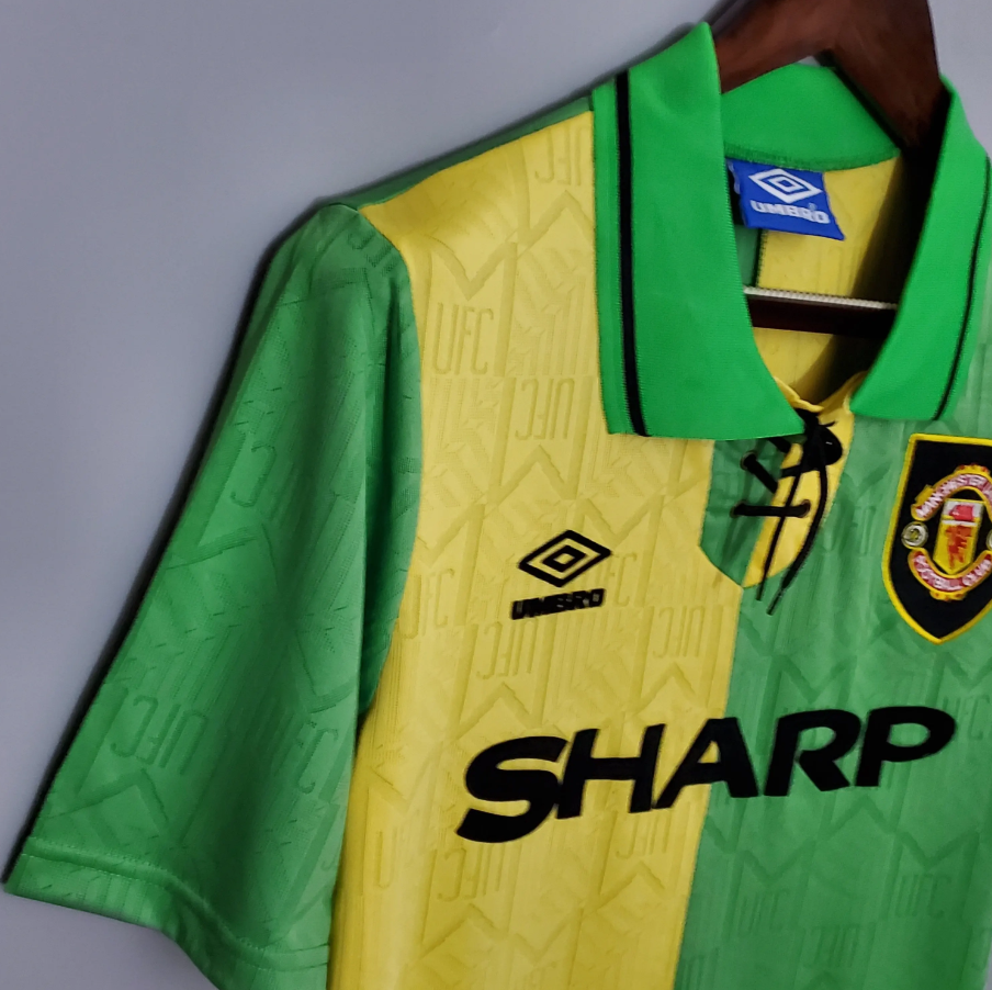 Manchester United 1993-94 Third Retro Jersey – Umbro Green Yellow Split Sharp Kit | Cantona Giggs Keane Scholes Beckham Era