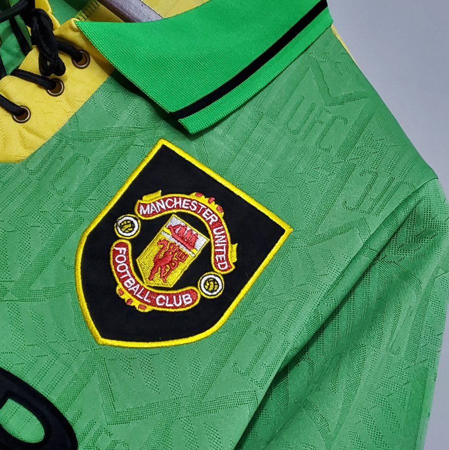 Manchester United 1993-94 Third Retro Jersey – Umbro Green Yellow Split Sharp Kit | Cantona Giggs Keane Scholes Beckham Era