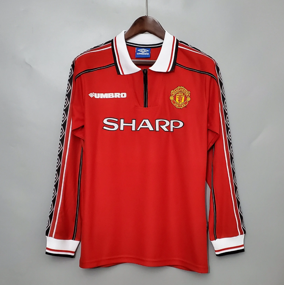 Manchester United 1998-99 Home Long-Sleeved Retro Jersey – Umbro Red Sharp Treble Season Beckham Giggs Scholes Football Shirt