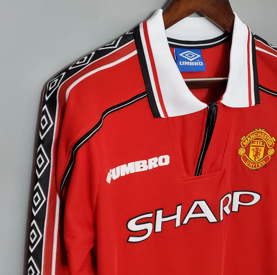 Manchester United 1998-99 Home Long-Sleeved Retro Jersey – Umbro Red Sharp Treble Season Beckham Giggs Scholes Football Shirt