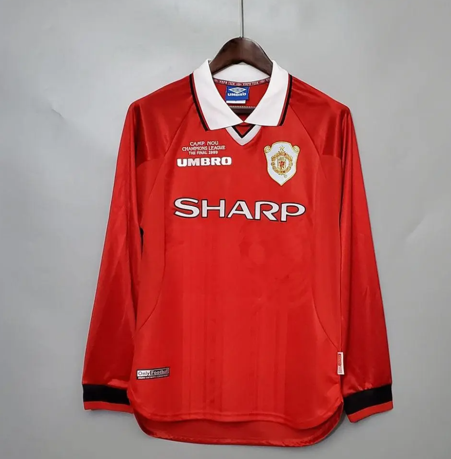 Manchester United 1999 UCL Final Jersey – Red Umbro Sharp Long Sleeve Champions League Camp Nou Retro Shirt | Beckham Giggs Scholes Solskjaer
