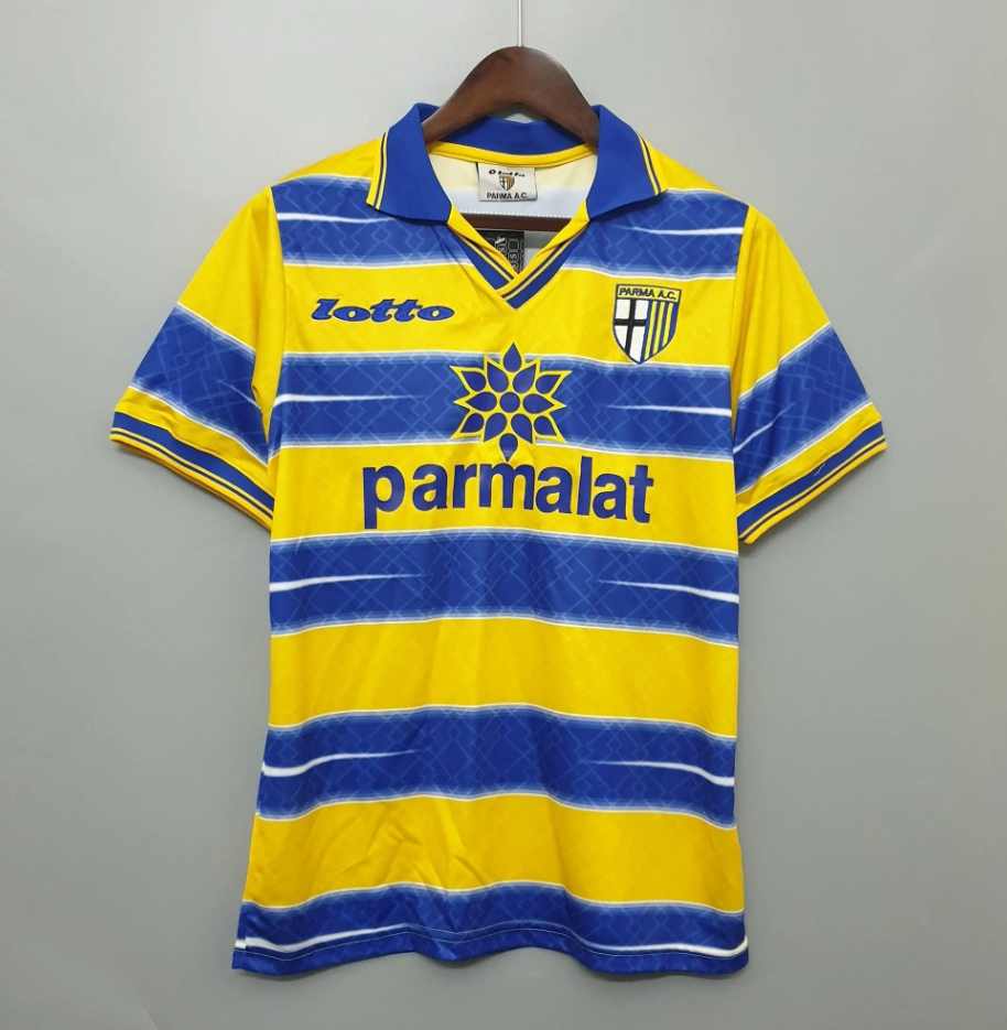 Parma 1998-99 Home Retro Jersey – Lotto Yellow Blue Parmalat Crespo Veron Cannavaro Thuram Football Shirt