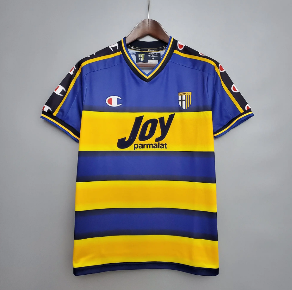 Parma AC 2001-02 Home Retro Jersey – Blue Yellow Black Stripe Joy Parmalat Champion Fan Version Football Shirt