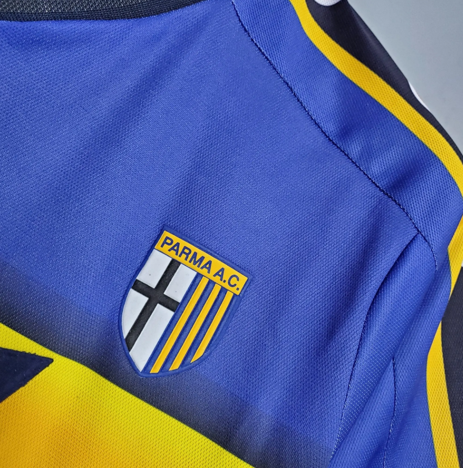 Parma AC 2001-02 Home Retro Jersey – Blue Yellow Black Stripe Joy Parmalat Champion Fan Version Football Shirt