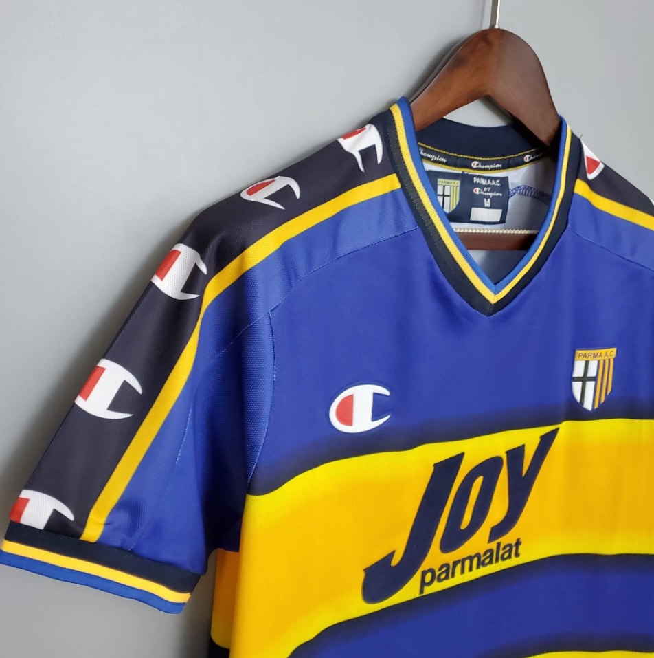 Parma AC 2001-02 Home Retro Jersey – Blue Yellow Black Stripe Joy Parmalat Champion Fan Version Football Shirt
