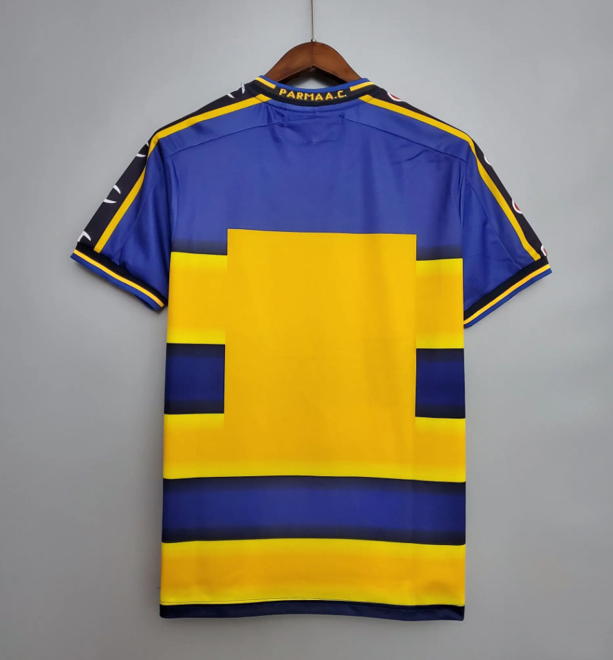 Parma AC 2001-02 Home Retro Jersey – Blue Yellow Black Stripe Joy Parmalat Champion Fan Version Football Shirt