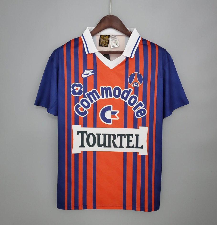 Paris Saint-Germain 1992-93 Away Jersey – Orange & Blue Stripes Nike Commodore Tourtel Retro Ligue 1 Football Shirt | Classic Early 90s PSG Kit