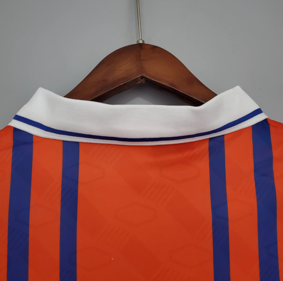 Paris Saint-Germain 1992-93 Away Jersey – Orange & Blue Stripes Nike Commodore Tourtel Retro Ligue 1 Football Shirt | Classic Early 90s PSG Kit