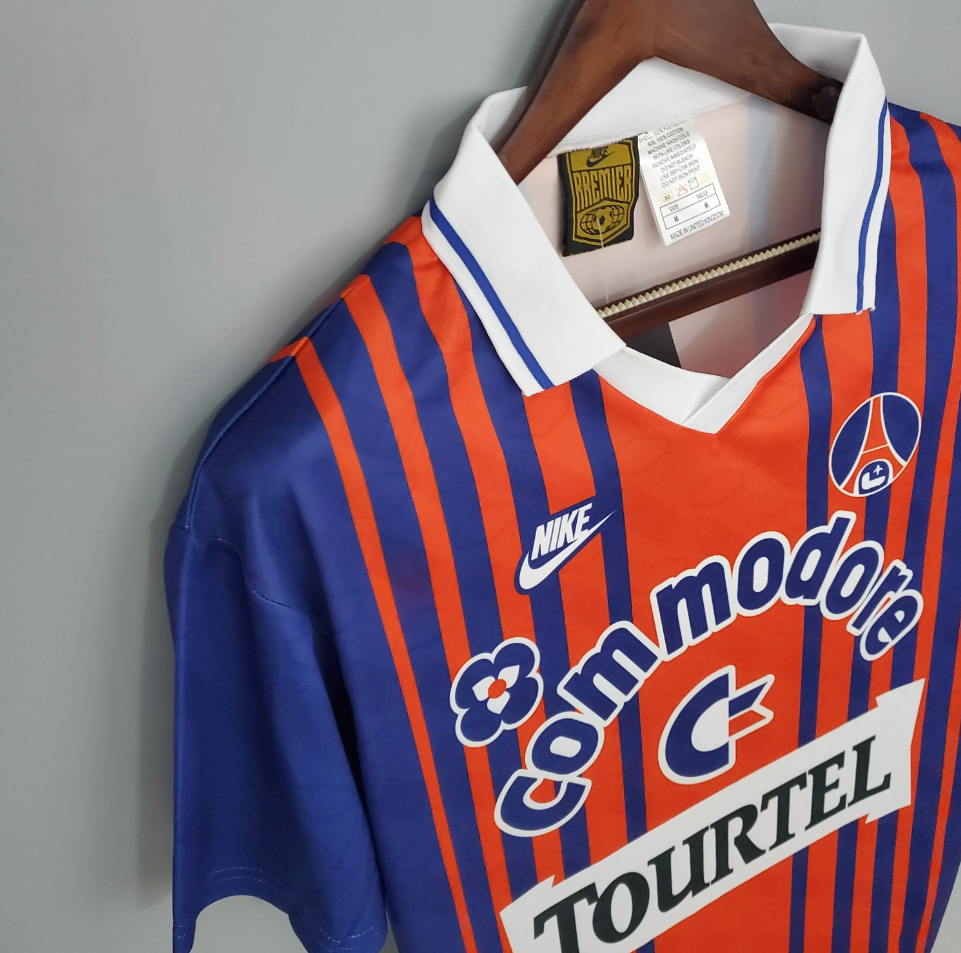 Paris Saint-Germain 1992-93 Away Jersey – Orange & Blue Stripes Nike Commodore Tourtel Retro Ligue 1 Football Shirt | Classic Early 90s PSG Kit