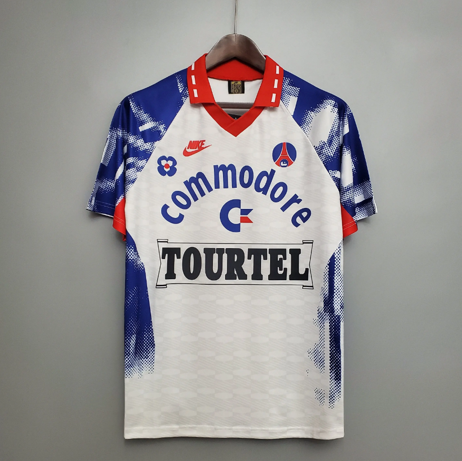 PSG 1993-94 Away Retro Jersey – White Blue Pixel Splatter Commodore Tourtel Nike Fan Version Football Shirt