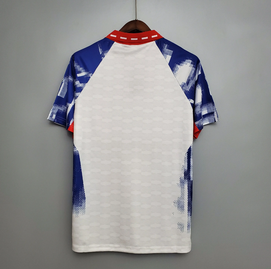 PSG 1993-94 Away Retro Jersey – White Blue Pixel Splatter Commodore Tourtel Nike Fan Version Football Shirt