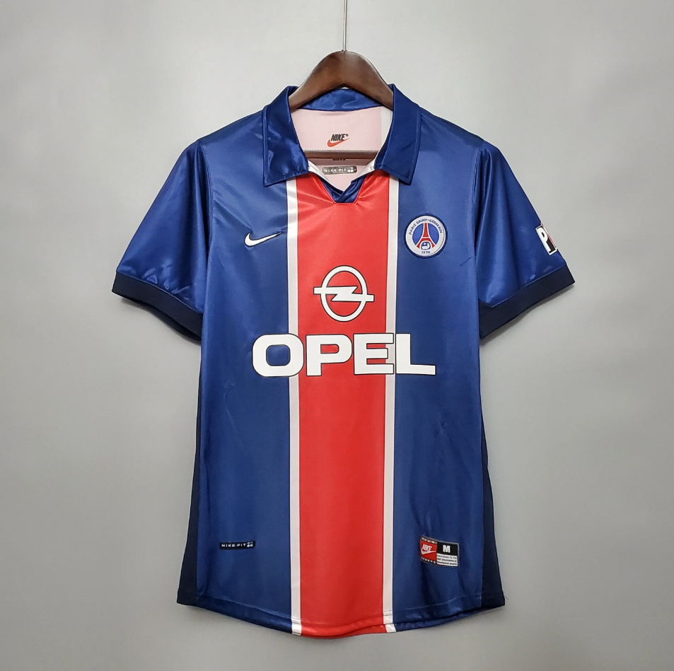 PSG 1998-99 Home Retro Jersey – Nike Royal Blue Red Central Stripe White Pinstripe Opel Polo Collar Ligue 1 Paris Saint-Germain Fan Version Football Shirt