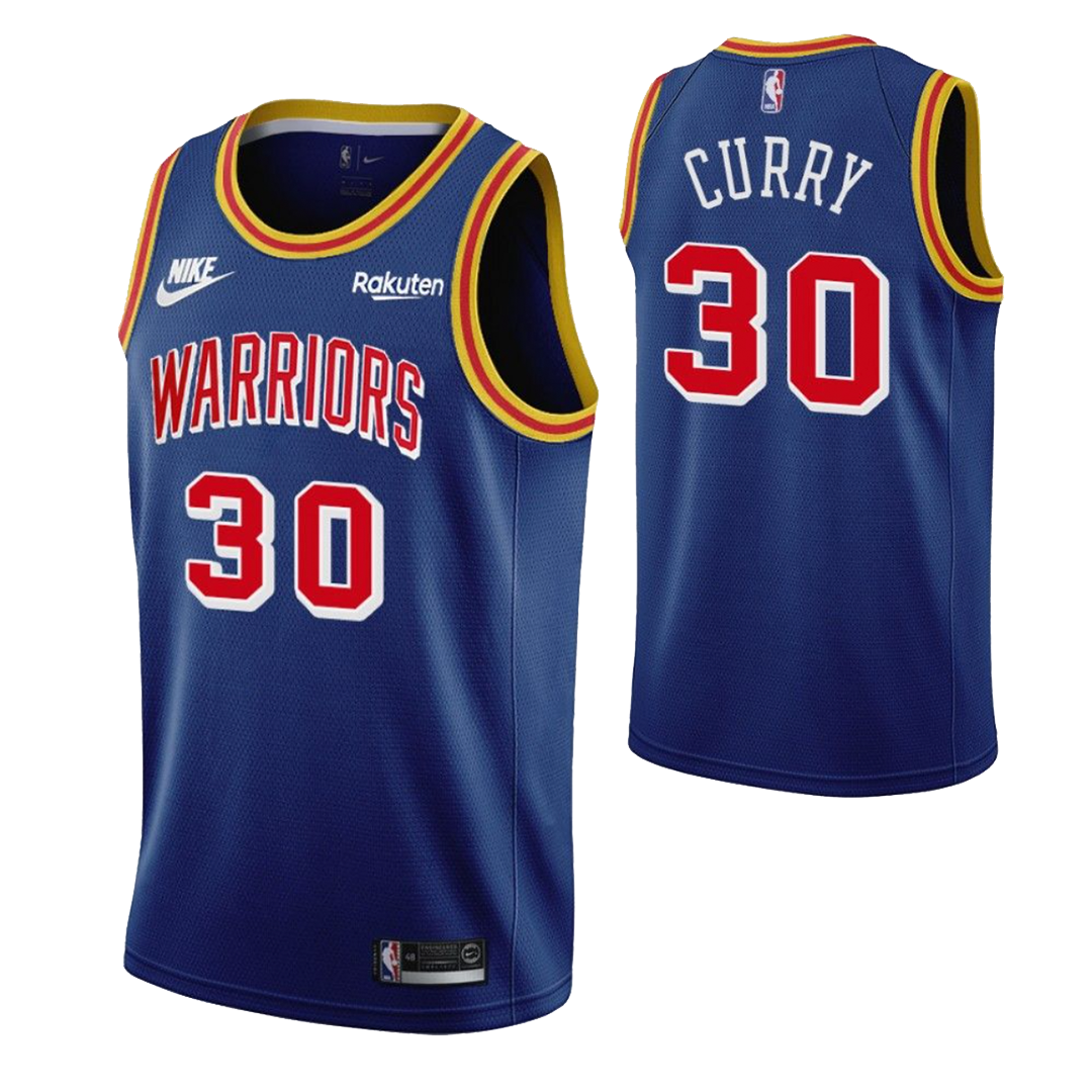 Stephen Curry #30 Golden State Warriors Royal Blue 2021-22 Classic Edition Red "Warriors" Retro Tri-Color Collar Rakuten Swingman Jersey - Men's & Youth