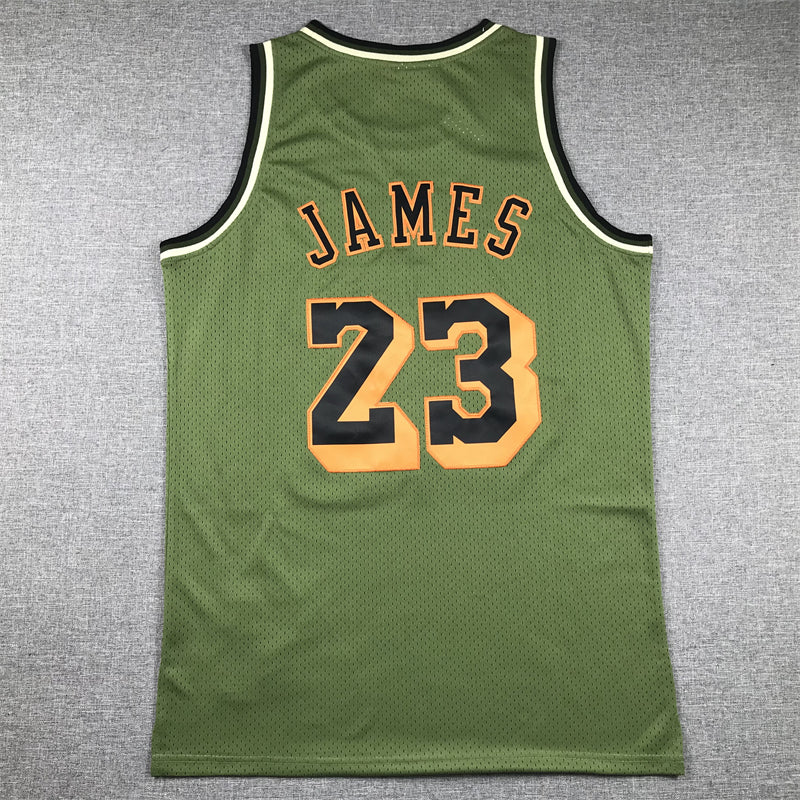 LeBron James #23 Los Angeles Lakers Army Green 2018-19 Mitchell & Ness Hardwood Classics Military Multi-Patch Swingman Jersey