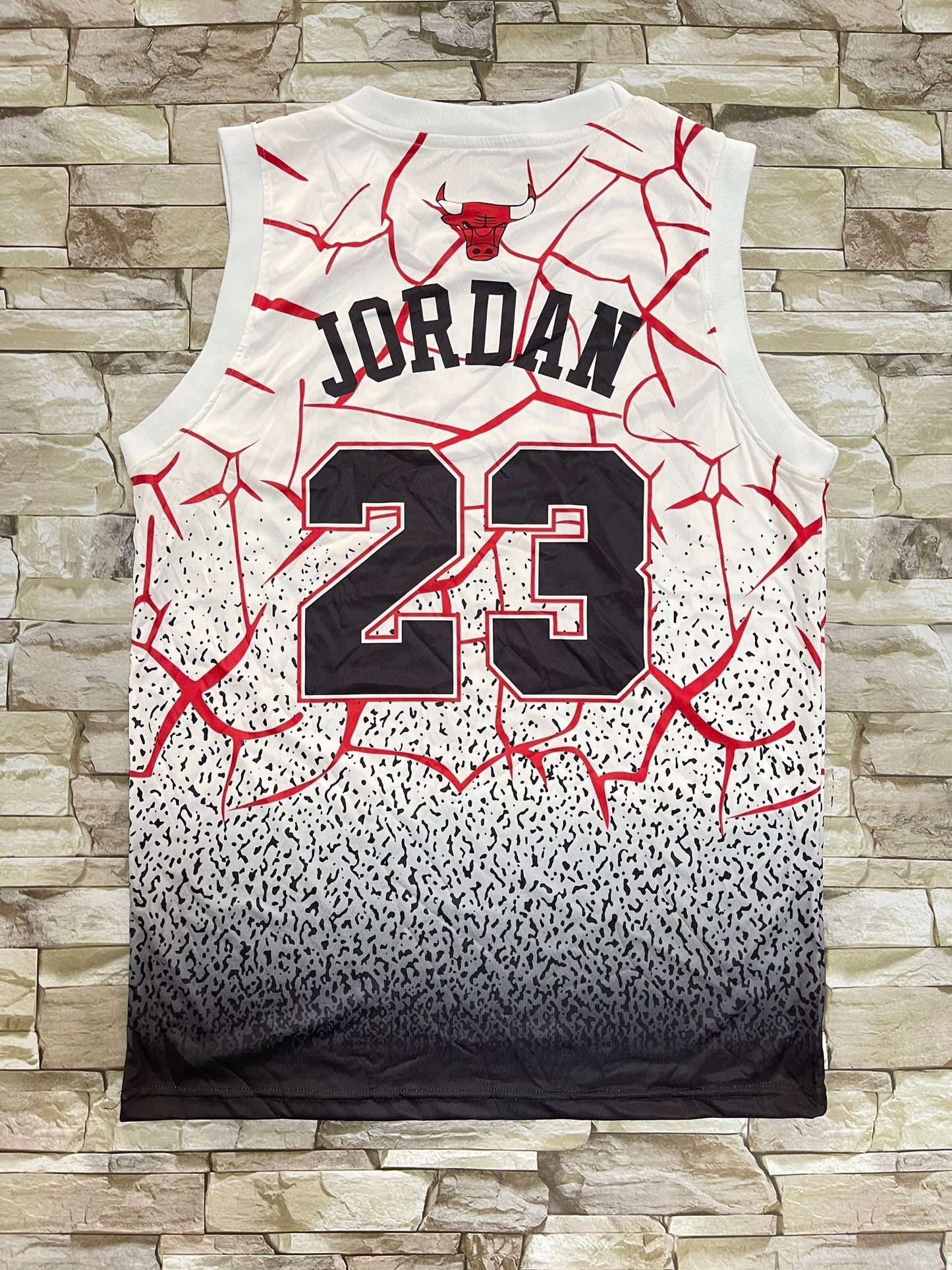 Chicago Bulls Mitchell & Ness White Black Gradient Cracked Red Lightning All-Over Print Hardwood Classics Swingman Jersey