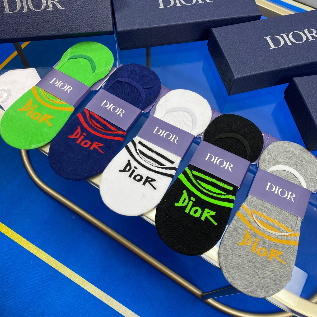 Dior Bright Green Grey Blue Wordmarks No-Show Socks, image 1
