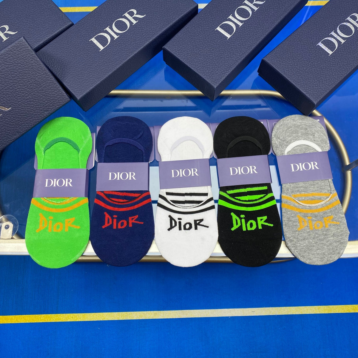 Dior Bright Green Grey Blue Wordmarks No-Show Socks, image 2