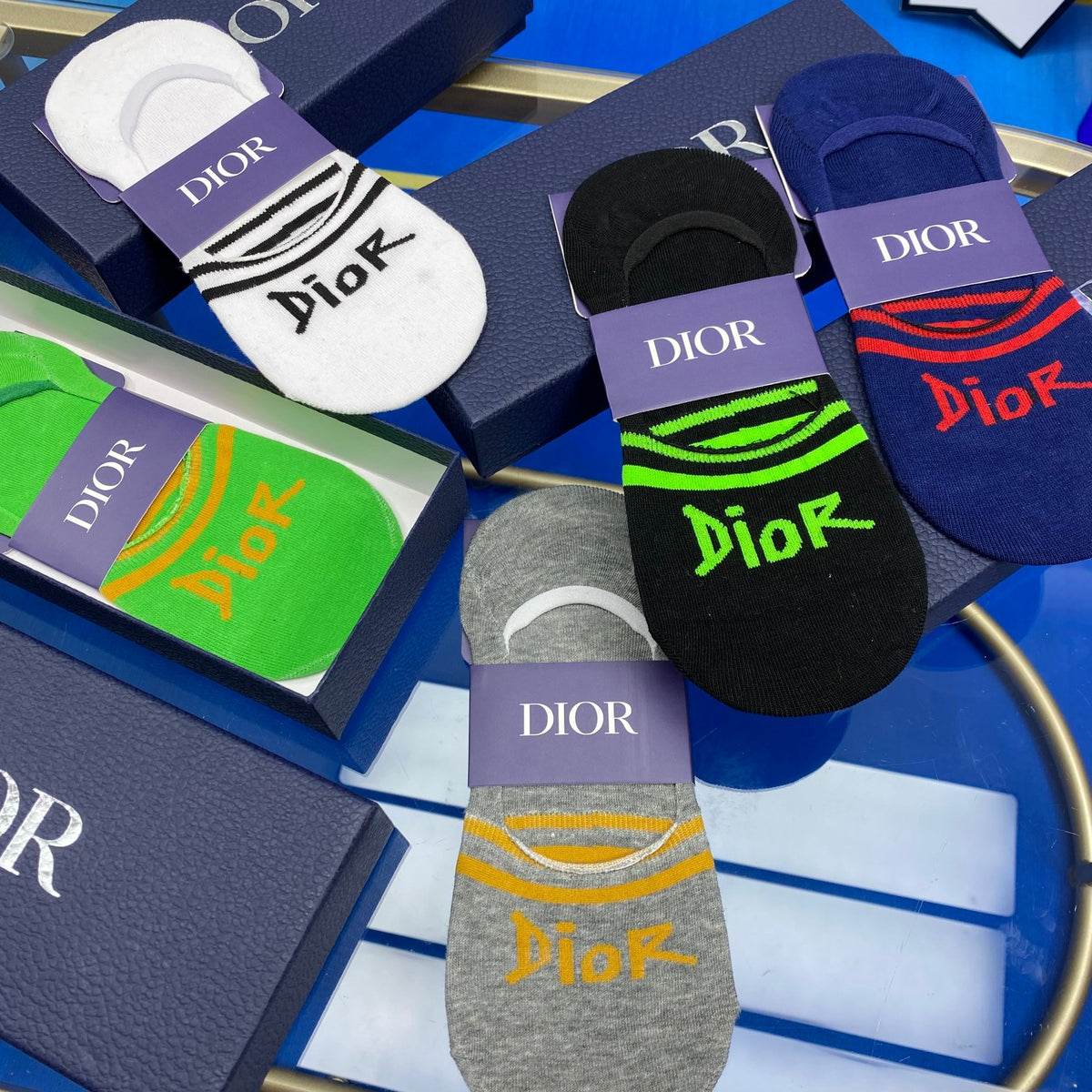 Dior Bright Green Grey Blue Wordmarks No-Show Socks, image 3