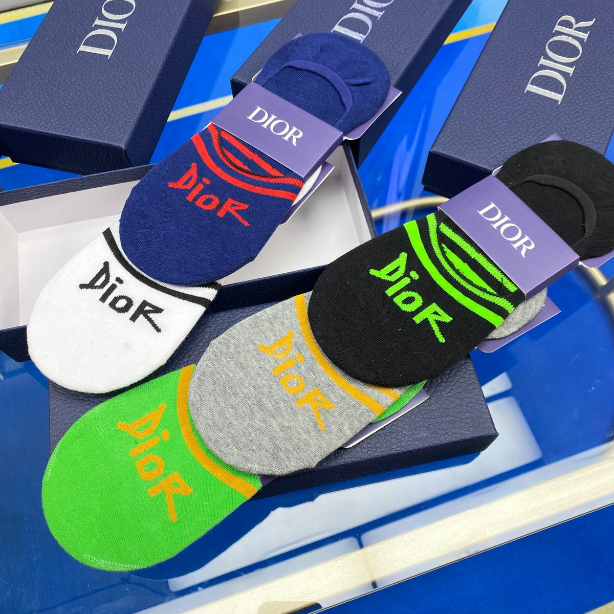 Dior Bright Green Grey Blue Wordmarks No-Show Socks, image 5