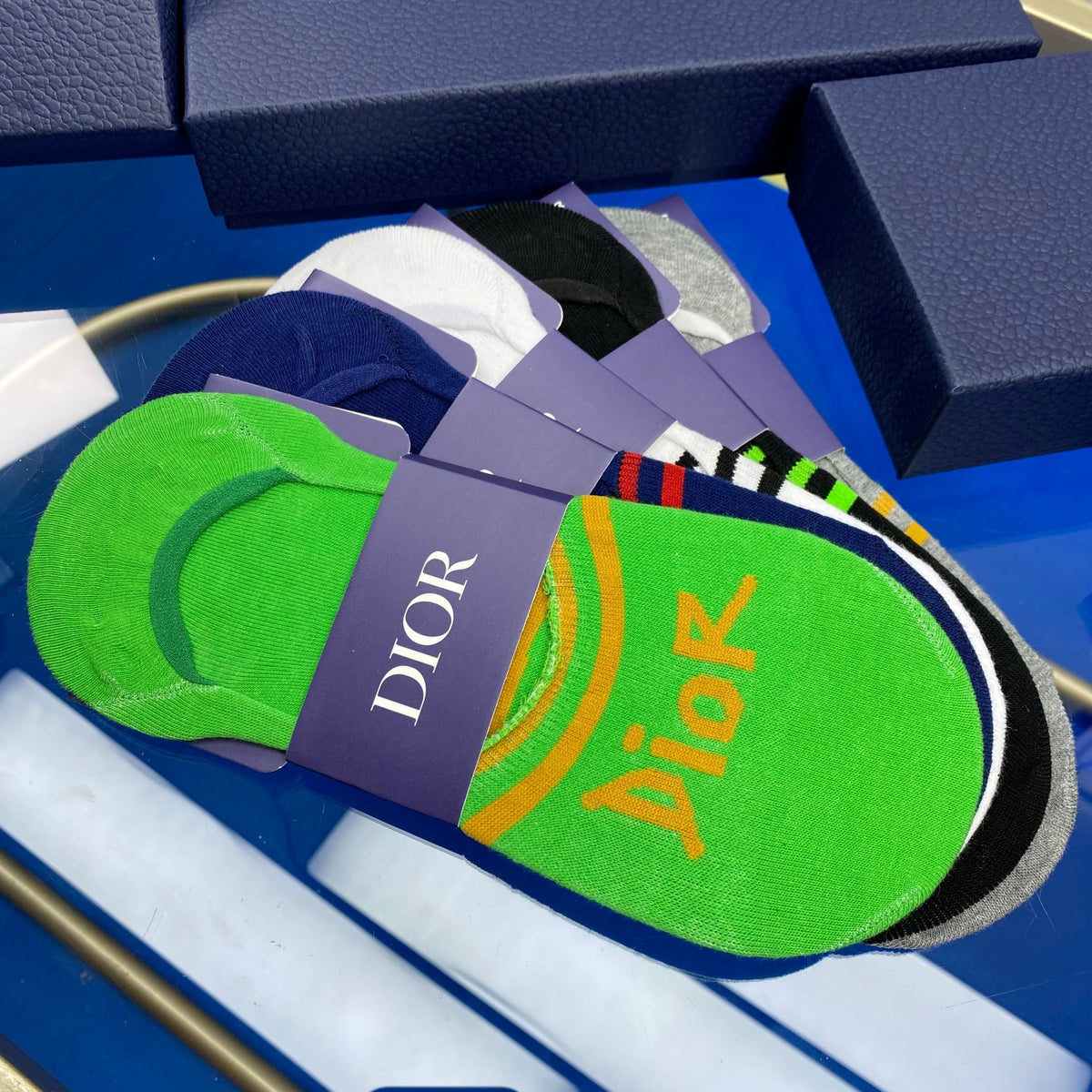Dior Bright Green Grey Blue Wordmarks No-Show Socks, image 7