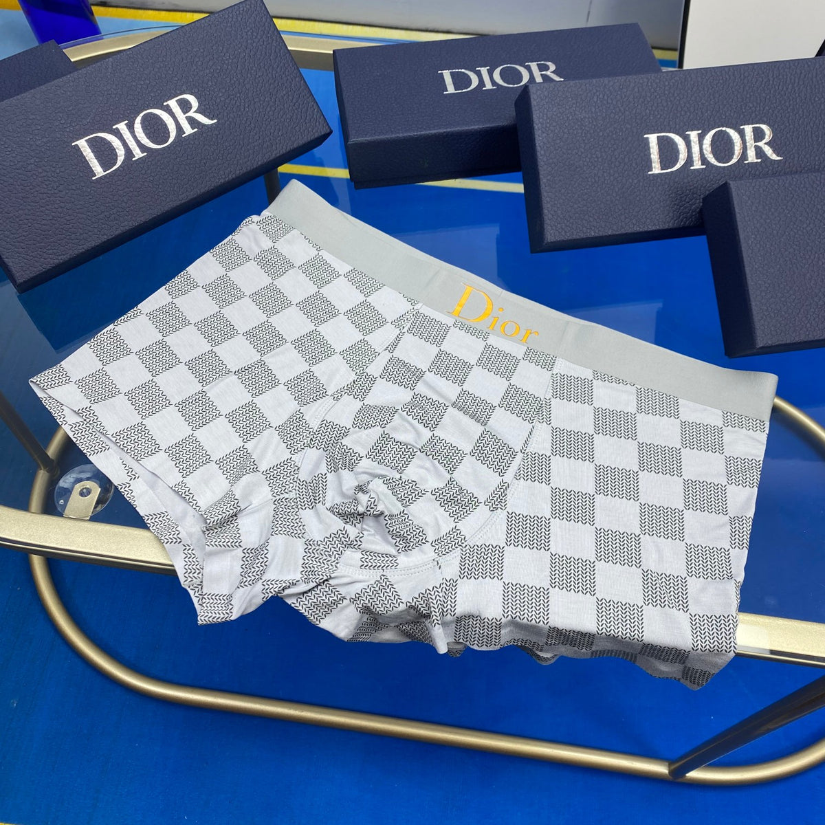 Dior White Grey Checkerboard Pattern Boxer Briefs, image 6