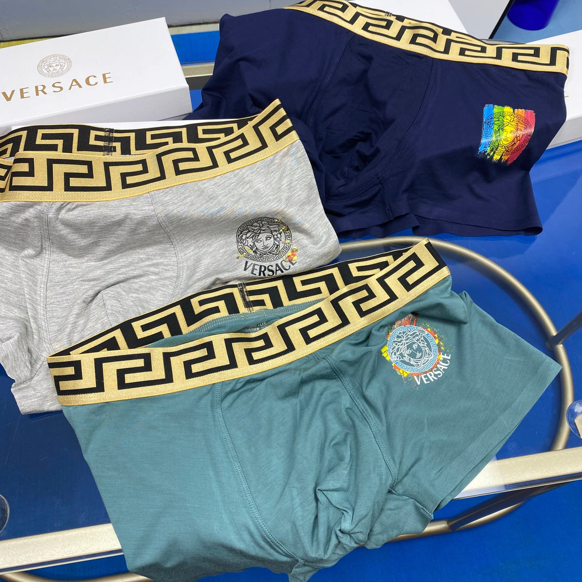 Versace Grey Navy Small Square Patch Boxer Briefs, image 2
