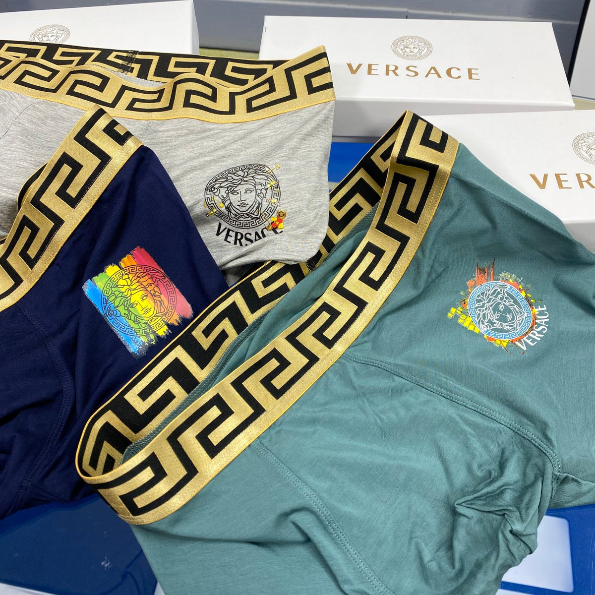 Versace Grey Navy Small Square Patch Boxer Briefs, image 3