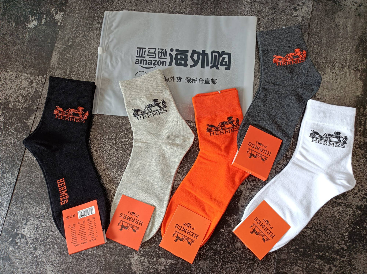 Hermès Neutral Bright Orange Ribbed Cuffs Crew Socks, image 4