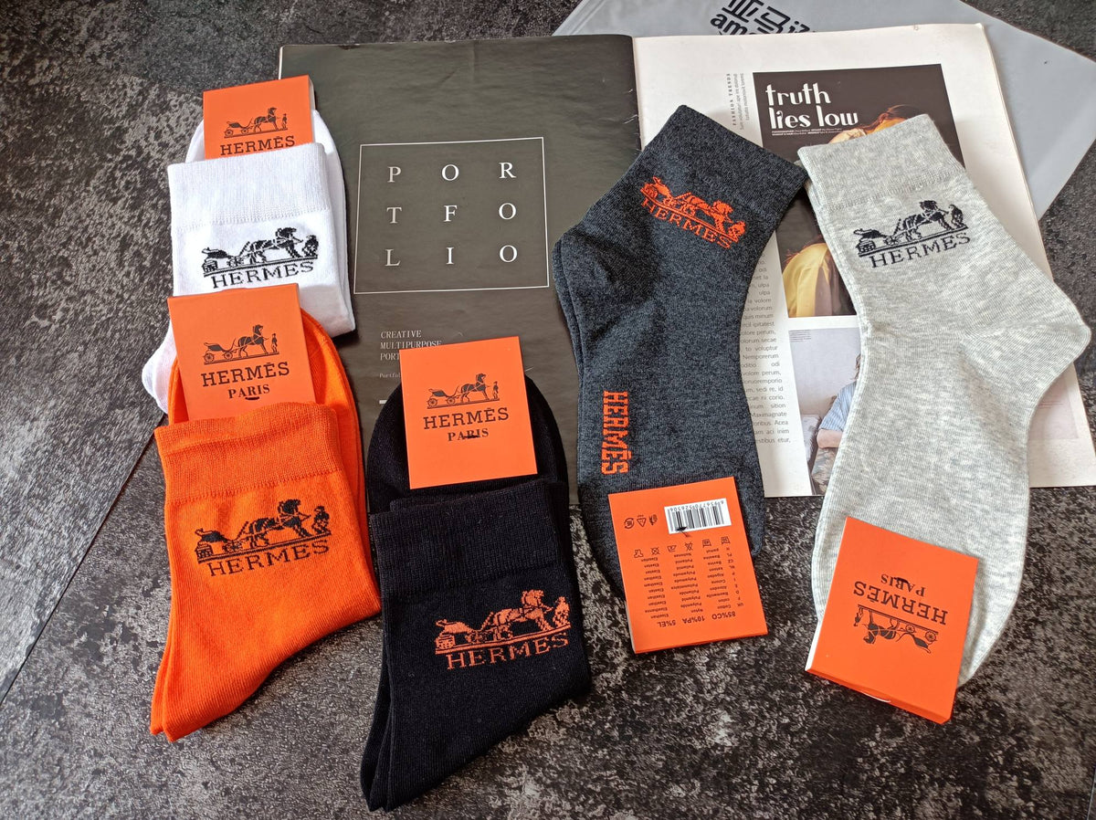 Hermès Neutral Bright Orange Ribbed Cuffs Crew Socks, image 6