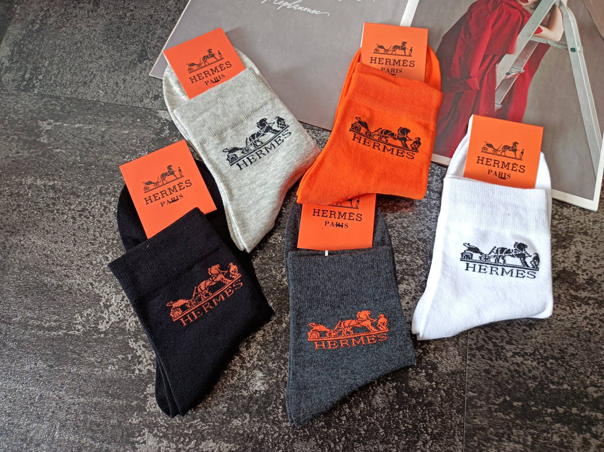 Hermès Neutral Bright Orange Ribbed Cuffs Crew Socks, image 1