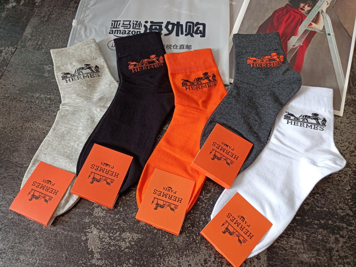 Hermès Neutral Bright Orange Ribbed Cuffs Crew Socks, image 2