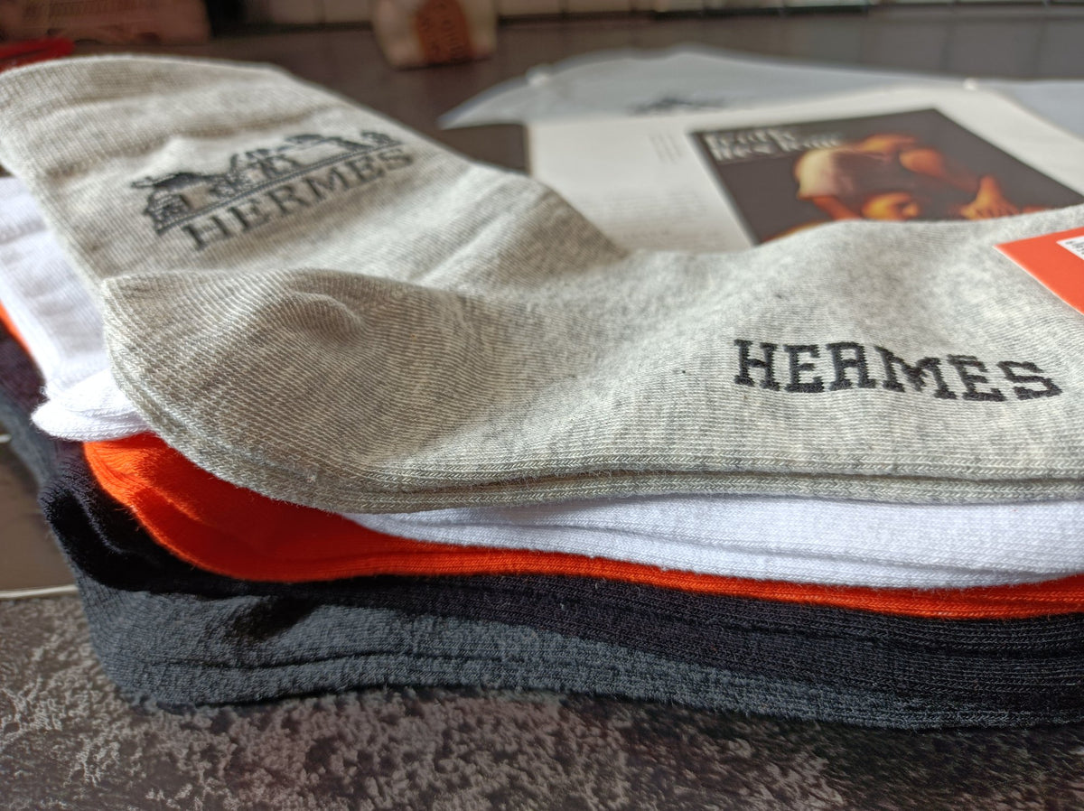 Hermès Neutral Bright Orange Ribbed Cuffs Crew Socks, image 9