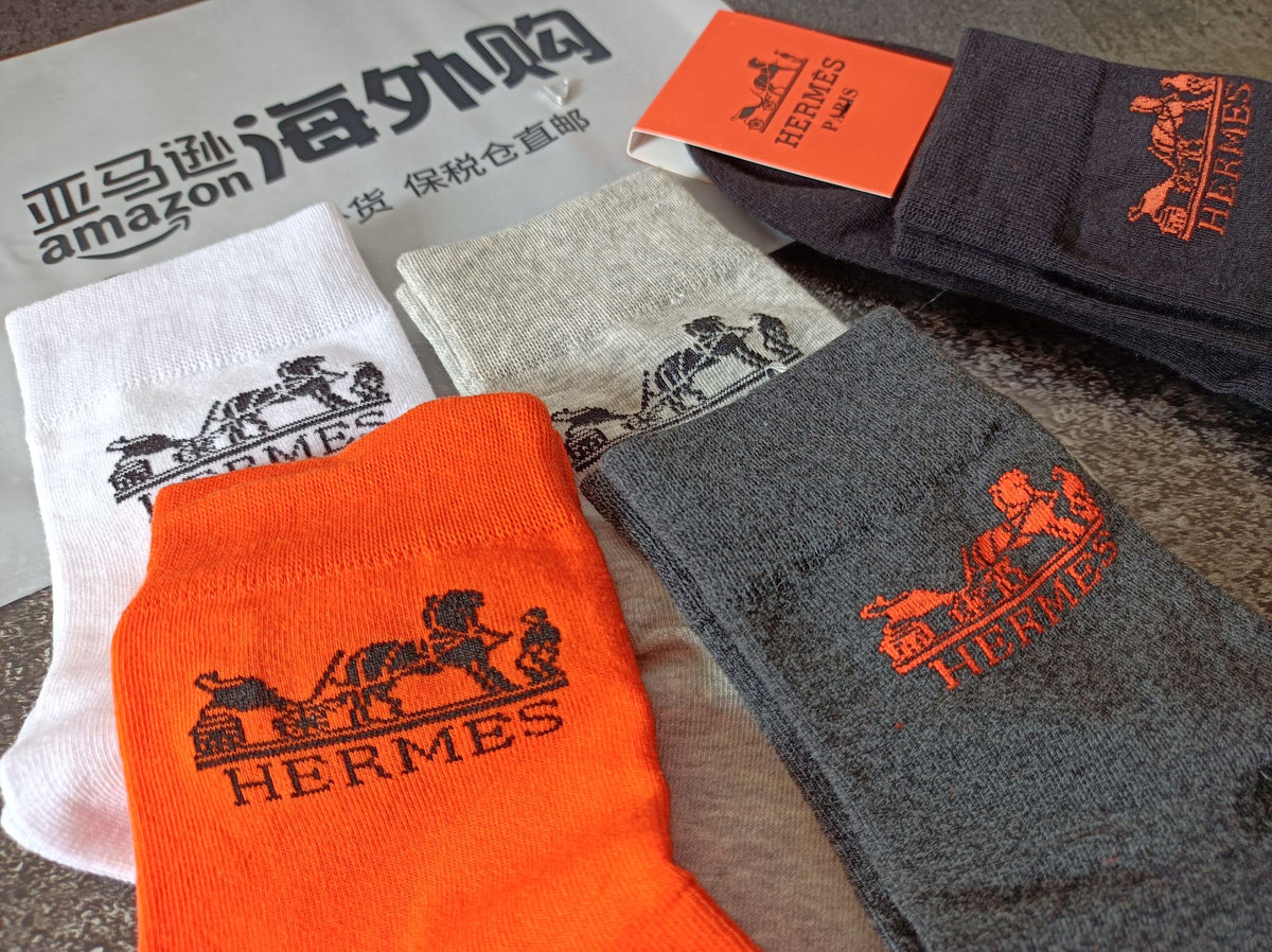 Hermès Neutral Bright Orange Ribbed Cuffs Crew Socks, image 7